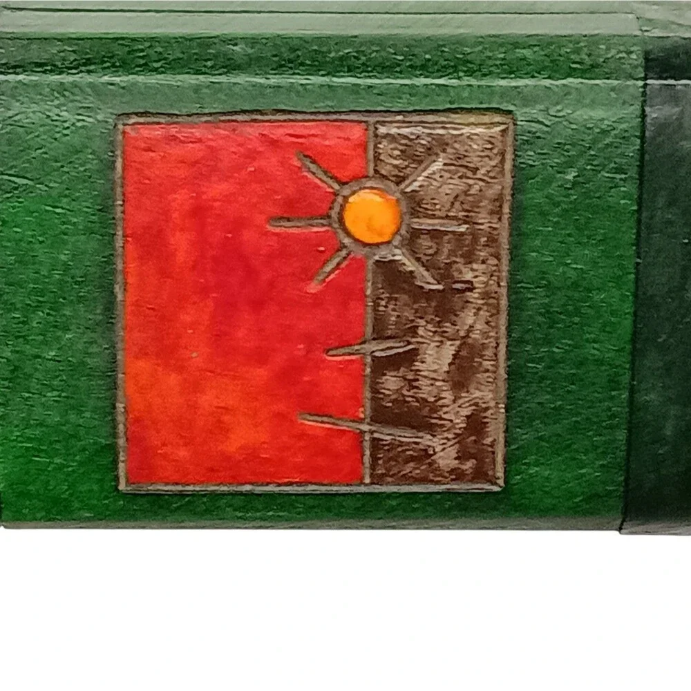 Vintage Carved Wood Trinket Box Green Red Brown With Sun From Colombia 3x2x1.25